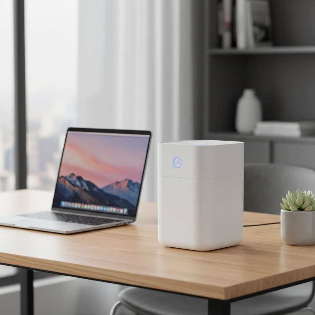 Mini desktop air purifier on a wooden desk in a modern home office