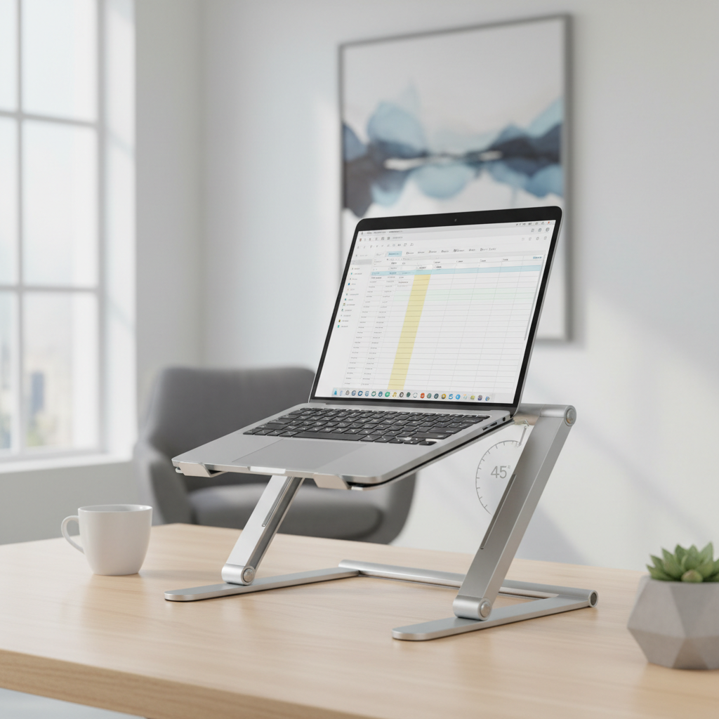 Sleek silver foldable laptop stand holding a laptop at eye level on a modern desk