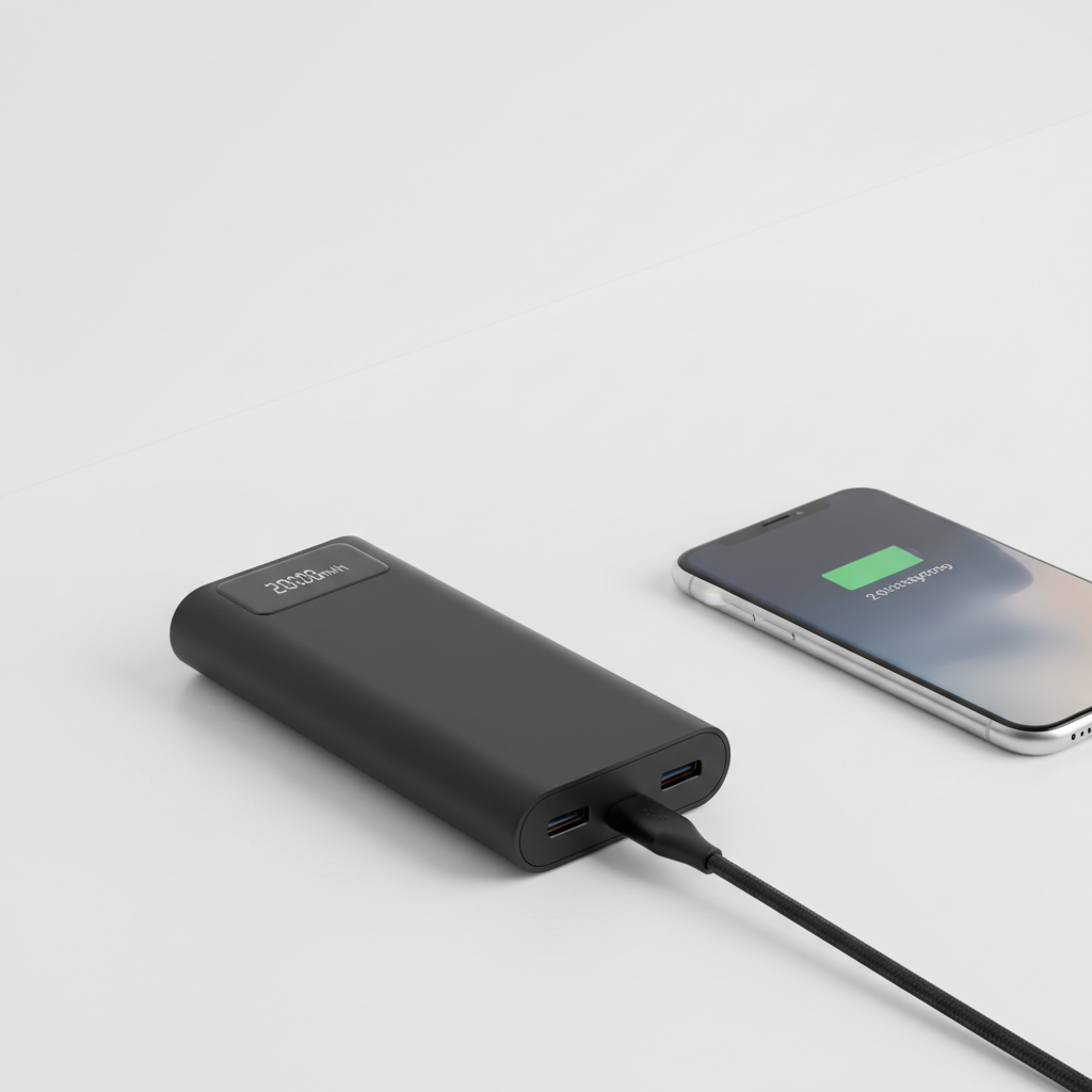 Sleek black portable power bank charging a smartphone on a clean surface