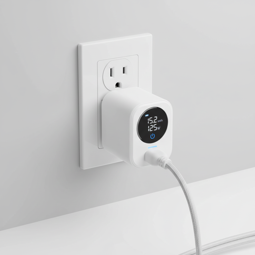 Smart plug with energy monitor plugged into a wall outlet