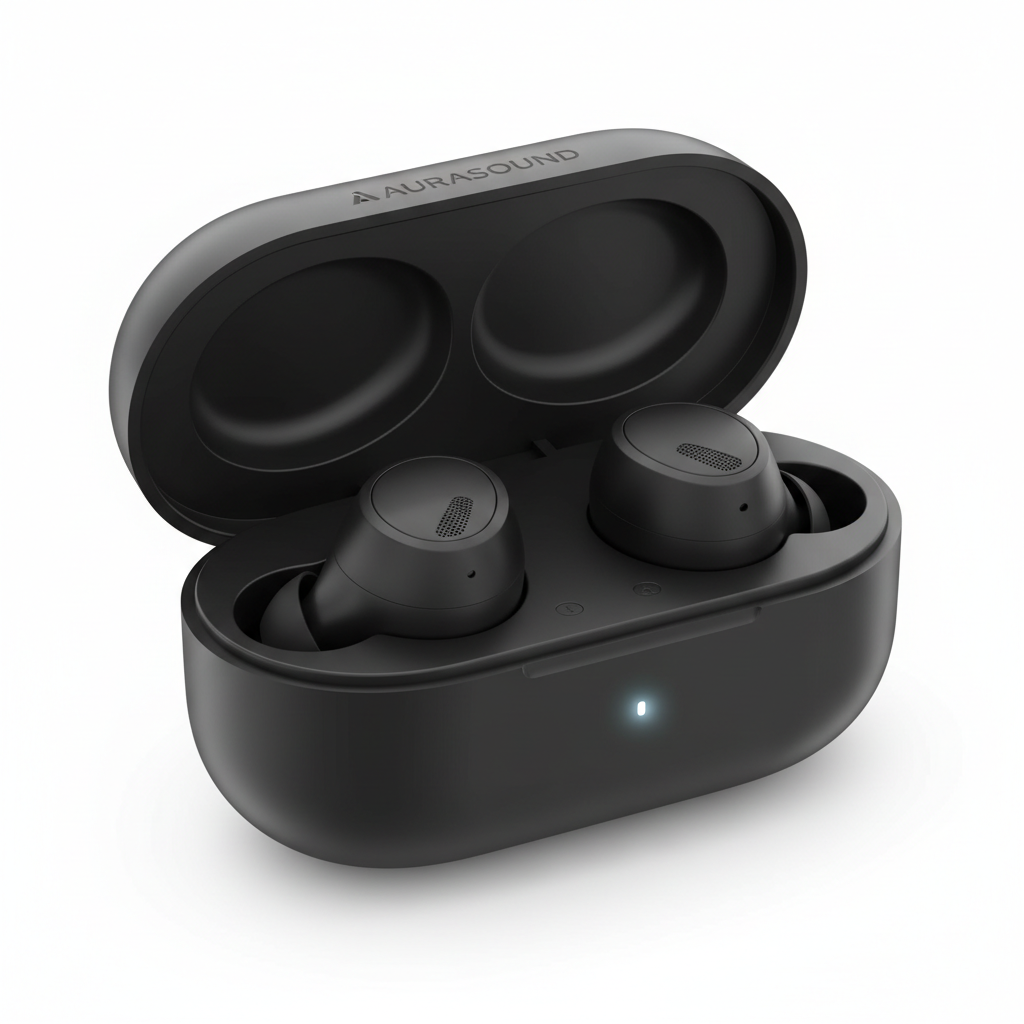 Noise-cancelling wireless earbuds in open charging case on white background