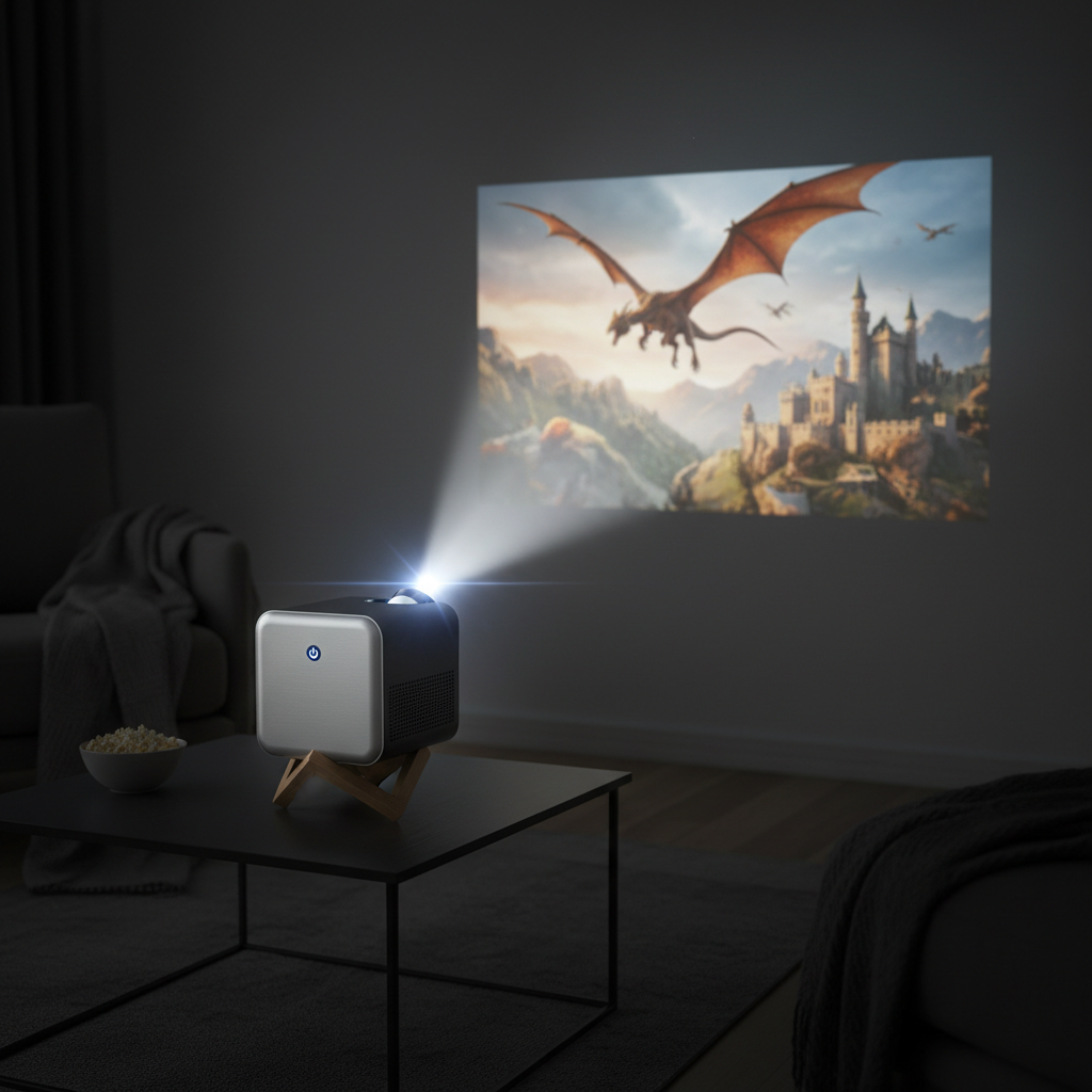 Mini portable projector projecting a movie on a wall in a dark room